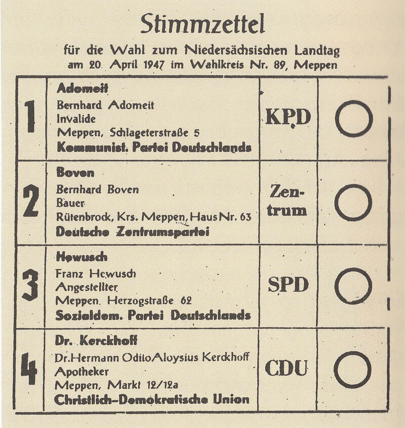 Stimmzettel für die Wahl zum Niedersächsischen Landtag im April 1947.
